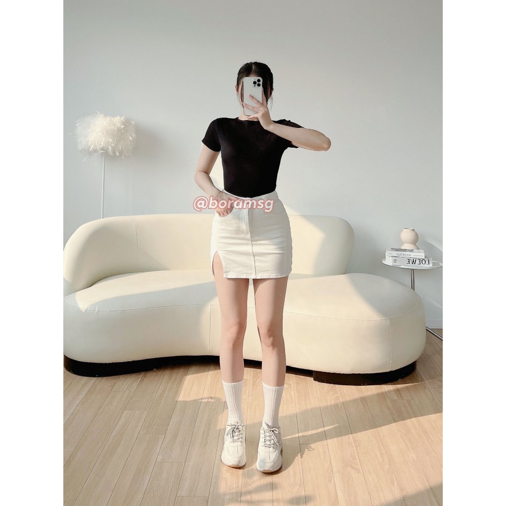 Chân váy kaki ngắn chữ a, chân váy nữ trắng xẻ tà tôn dáng BORAM SG (có quần trong)