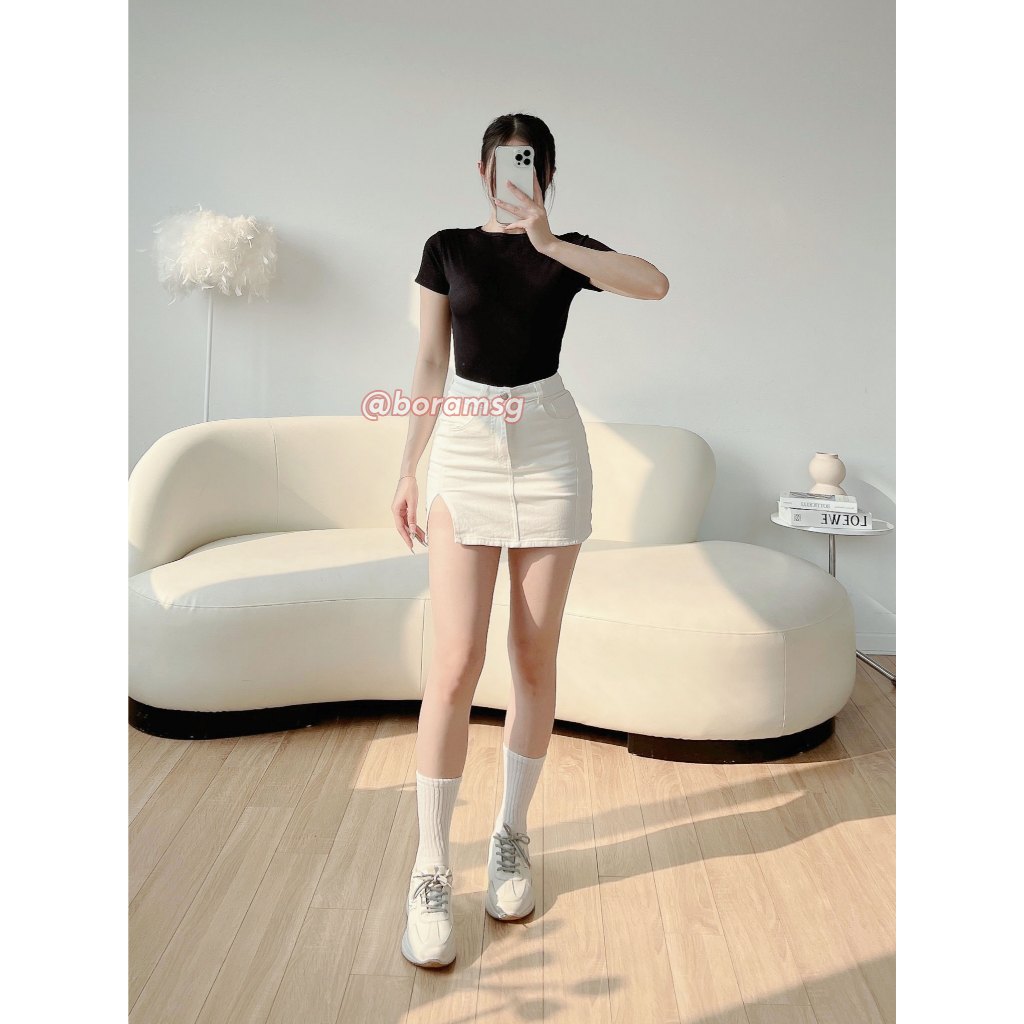 Chân váy kaki ngắn chữ a, chân váy nữ trắng xẻ tà tôn dáng BORAM SG (có quần trong)