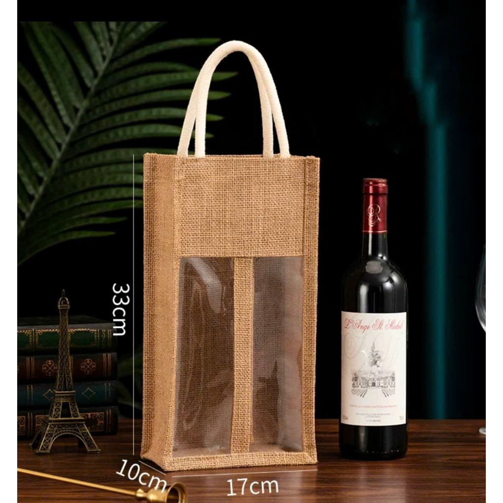 Túi cói bố + da đựng chai rượu