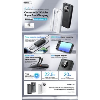 [Có 3C] Pin Dự Phòng Remax RPP-38 20000mah TypeC 20W, USB 22.5W, kèm 2 cáp TypeC và LaiNing - Phụ Kiện Nhất Tín