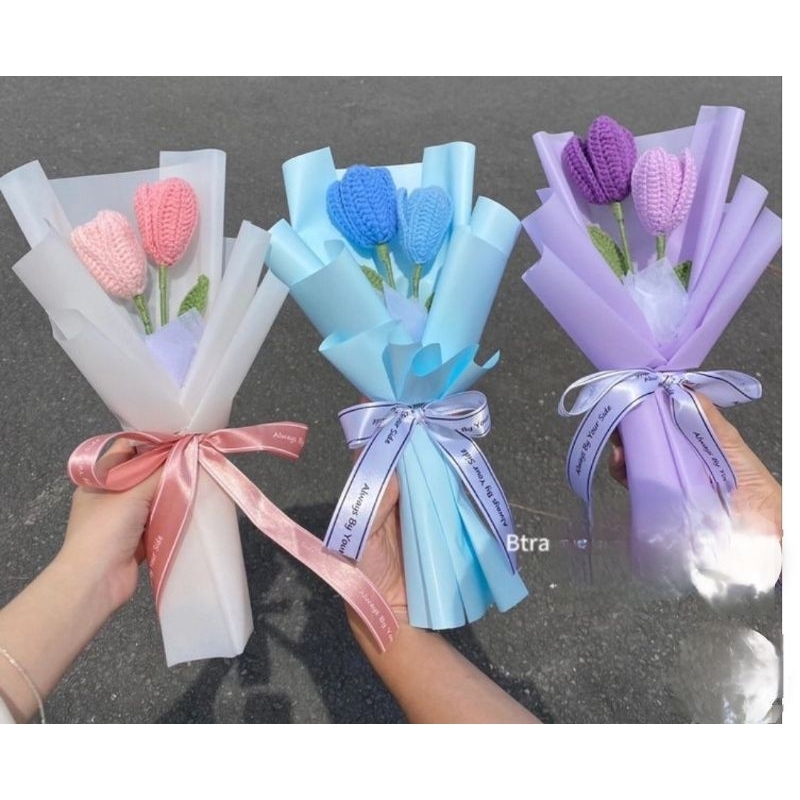 Hoa Tulip Len, Bó Hoa Tulip Tròn , Bó Hoa Tốt Nghiệp, Hoa Tulip Len Handmade