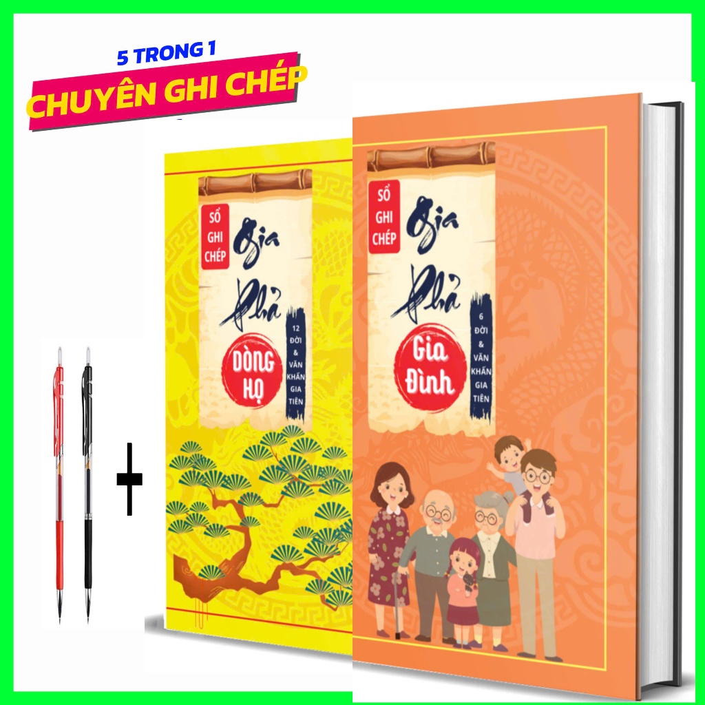 Sổ ghi chép gia phả dòng họ và gia phả gia đình kèm văn khấn gia tiên (2 trong 1)
