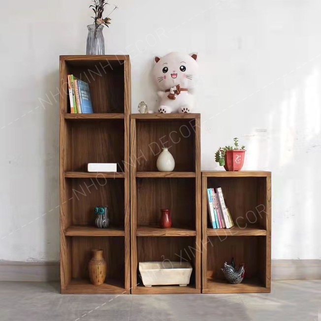 Kệ gỗ, kệ sách decor trang trí màu nâu óc chó, kệ mô hình, để đồ chơi