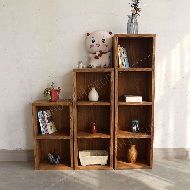 Kệ gỗ, kệ sách decor trang trí màu nâu óc chó, kệ mô hình, để đồ chơi