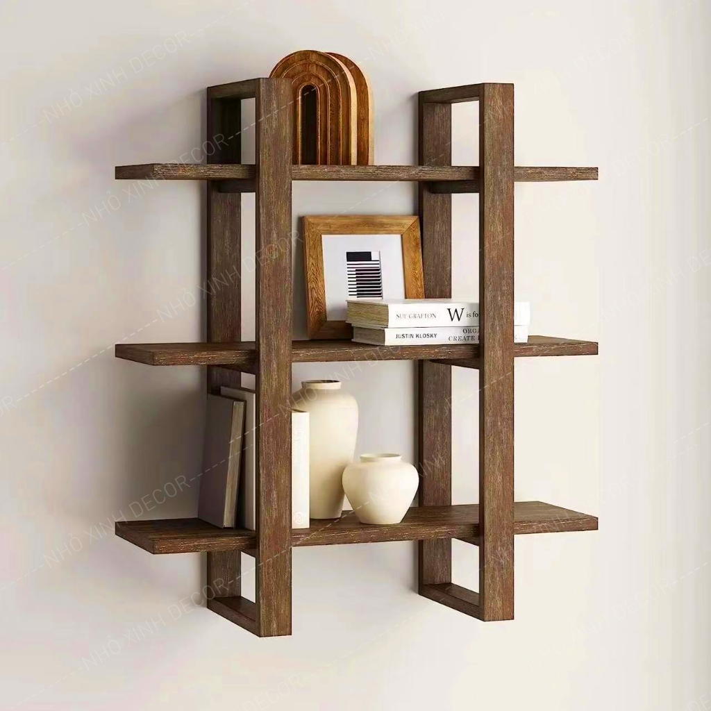 Kệ gỗ 3 tầng treo tường decor trang trí phòng, homestay, quán cafe, kệ sách treo tường