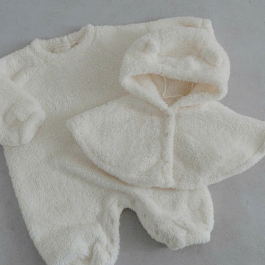 (HÀNG CÓ SẴN) Set body choàng lông gồm body liền thân kèm mũ choàng cover Hàn Quốc cho bé trai bé gái 3-13kg