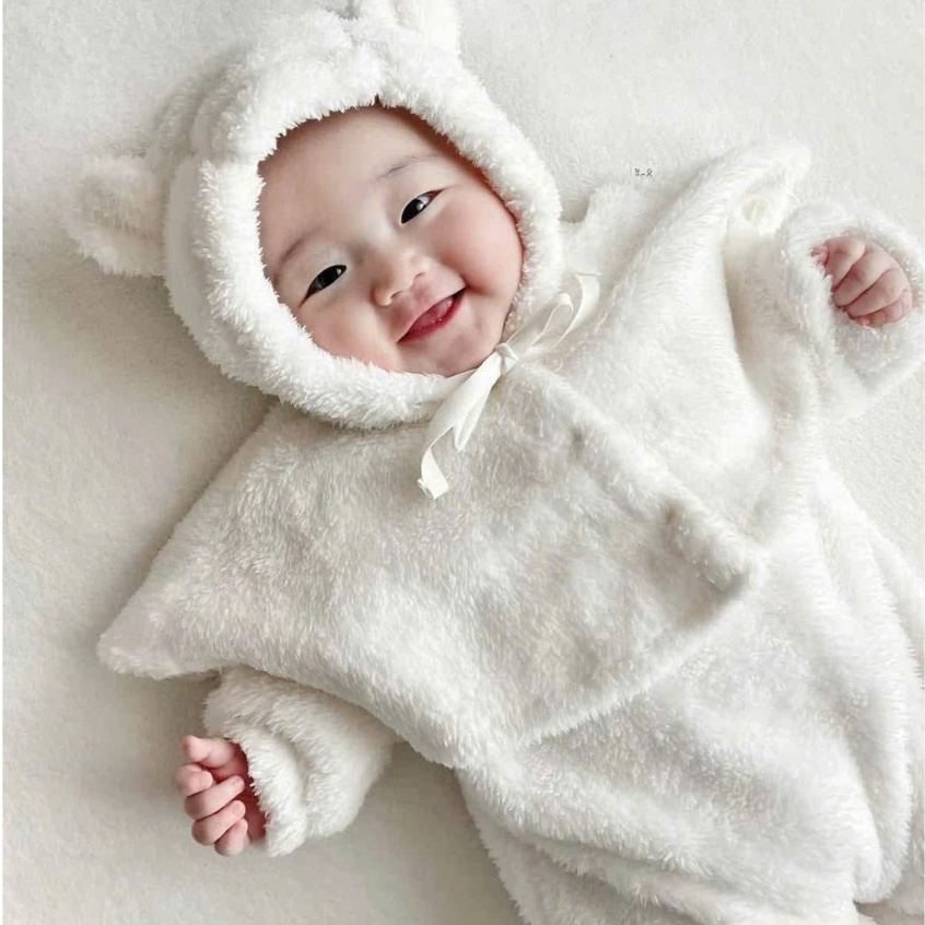 (HÀNG CÓ SẴN) Set body choàng lông gồm body liền thân kèm mũ choàng cover Hàn Quốc cho bé trai bé gái 3-13kg