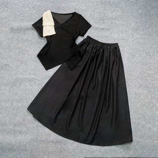 Set bộ Nhỏ Clothing bigsize nữ tiểu thư áo kiểu đắp vạt kèm chân váy dài qua gối thanh lịch cho chuppy SET958