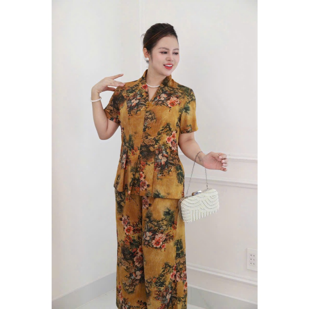 Ms30 Set Đồ bộ trung niên cách điệu cho mẹ, áo có cổ, quần ống rộng, quần giả váy, chất lụa nhập HAN.T Shop