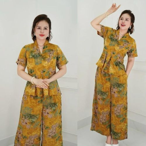 Ms30 Set Đồ bộ trung niên cách điệu cho mẹ, áo có cổ, quần ống rộng, quần giả váy, chất lụa nhập HAN.T Shop