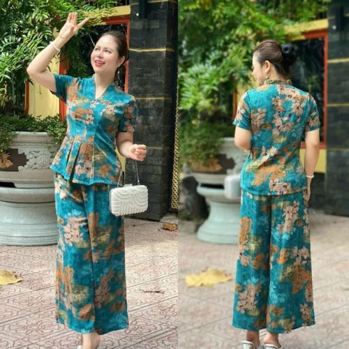 Ms30 Set Đồ bộ trung niên cách điệu cho mẹ, áo có cổ, quần ống rộng, quần giả váy, chất lụa nhập HAN.T Shop