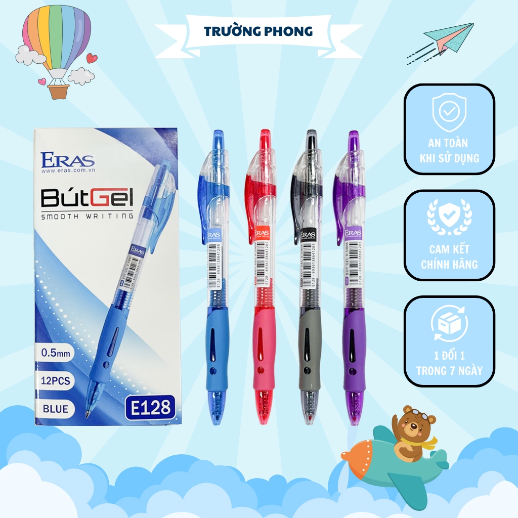 Bút Gel Bấm Eras Ngòi 0.5mm Eras, 4 Màu Mực Xanh, Đen, Tím, Đỏ Không ...