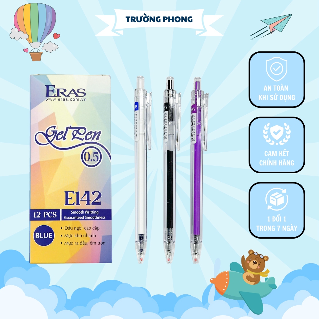 Bút Gel Bấm Eras Ngòi 0.5mm, 3 Màu Mực Xanh, Đen, Tím Viết Trơn Đều Mực ...