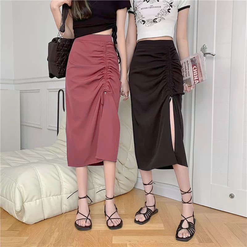 40-105KG Chân váy nữ Bigsize rút dây xẻ tà thun gân tăm
