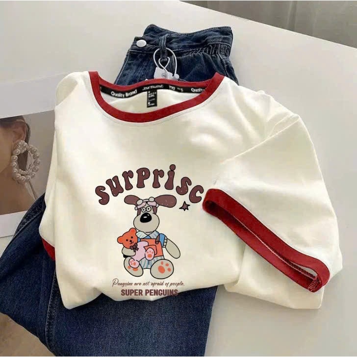 Áo thun nữ ngắn tay dáng rộng Bo viền mặc đi chơi, mặc tết JULY FASHION, Áo phông nữ in hình chất Cotton mịn đẹp