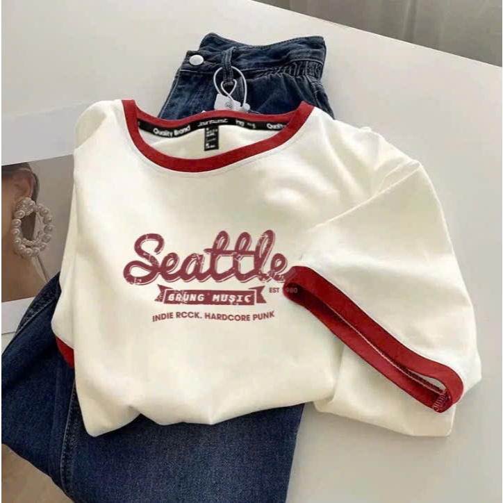 Áo thun nữ ngắn tay dáng rộng Bo viền mặc đi chơi, mặc tết JULY FASHION, Áo phông nữ in hình chất Cotton mịn đẹp