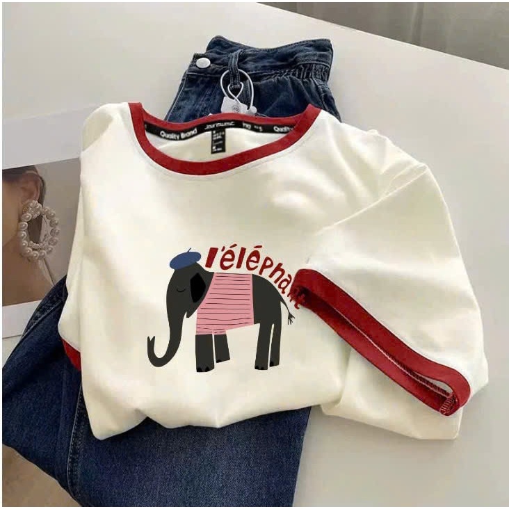 Áo thun nữ ngắn tay dáng rộng Bo viền mặc đi chơi, mặc tết JULY FASHION, Áo phông nữ in hình chất Cotton mịn đẹp