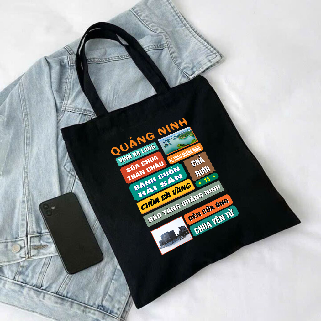 Túi Tote canvas BST 63 tỉnh thành Việt Nam màu đen túi vải đeo vai phong cách thời trang đựng đồ totb túi đen