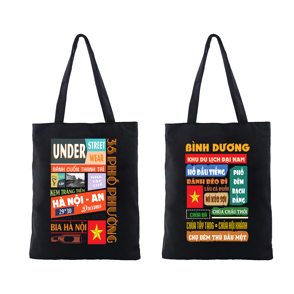 Túi Tote canvas BST 63 tỉnh thành Việt Nam màu đen túi vải đeo vai phong cách thời trang đựng đồ totb túi đen