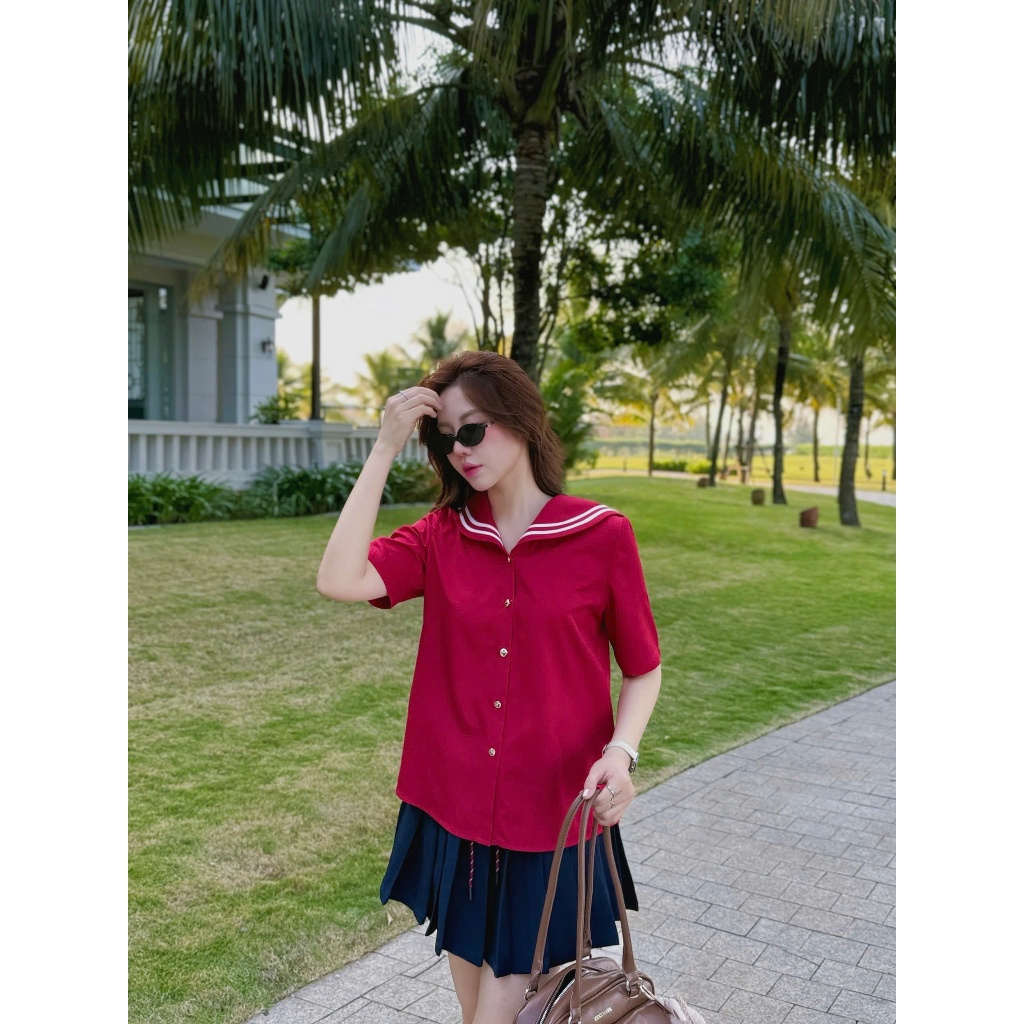 Áo Sơ Mi Nữ Cộc Tay Dáng Lửng Cổ Thủy Thủ Chất Xốp Hàn, Sơ Mi Nữ Công Sở Kiểu Dáng Hàn Quốc - SM72