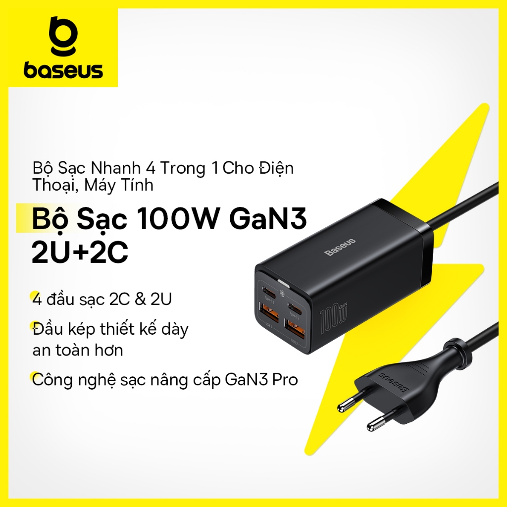 Bộ sạc nhanh Baseus 100W GaN3 Pro USB C Charger 4-Ports Desktop Fast Charger with 5ft AC Cable for MacBook