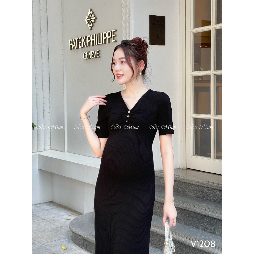 Váy bầu nhún ngực cộc tay tôn dáng vải gân mềm mại co dãn tốt giúp mẹ thoải mái cả ngày V1208-B2 Mum
