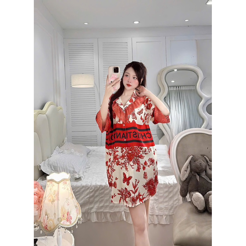 Váy xinh mặc nhà cho nữ, váy cổ sơ mi phom dơi lụa mịn có phối ren - Samdobo
