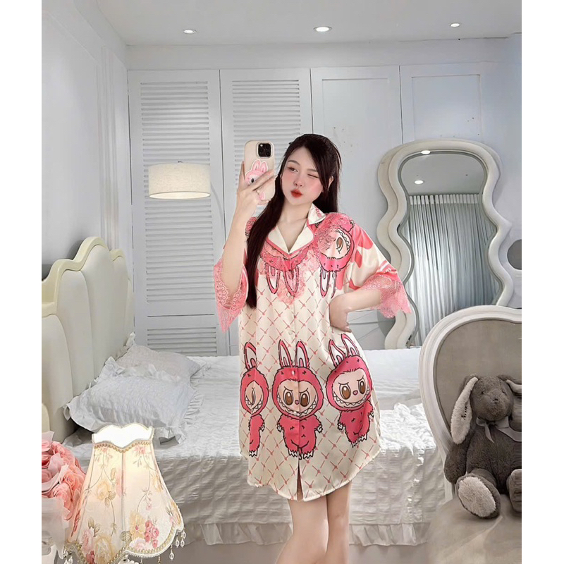 Váy xinh mặc nhà cho nữ, váy cổ sơ mi phom dơi lụa mịn có phối ren - Samdobo