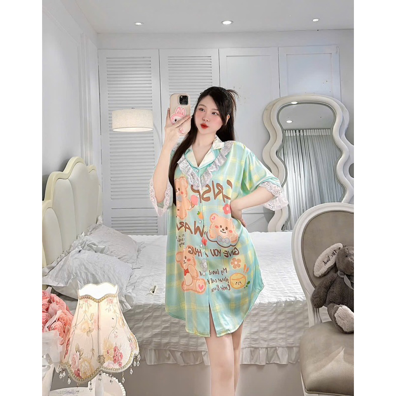 Váy xinh mặc nhà cho nữ, váy cổ sơ mi phom dơi lụa mịn có phối ren - Samdobo