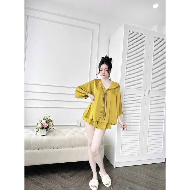 Bộ Đùi Trơn Tay Loe Viền Cổ Nơ Ngực lụa mịn pijama mặc nhà cho nữ