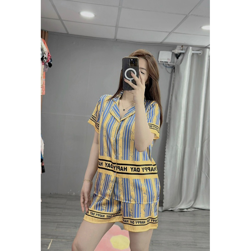 Bộ ngủ pijama mặc nhà cho nữ sọc vàng sang