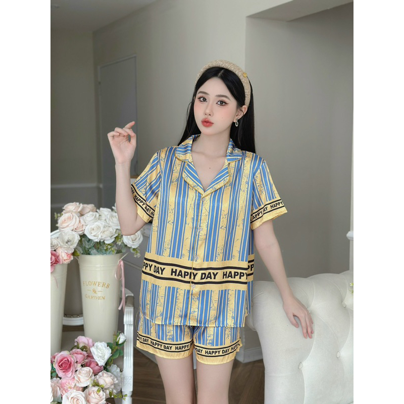 Bộ ngủ pijama mặc nhà cho nữ sọc vàng sang
