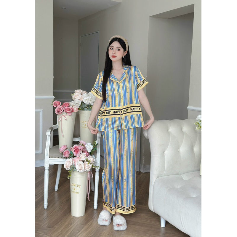Bộ ngủ pijama mặc nhà cho nữ sọc vàng sang