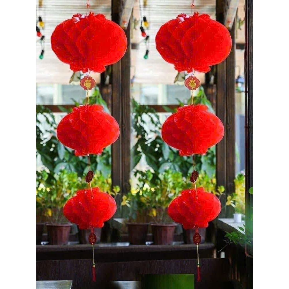 Combo 5 Đèn lồng nilon đỏ - Lục Cầu tổ ong trang trí lễ tết
