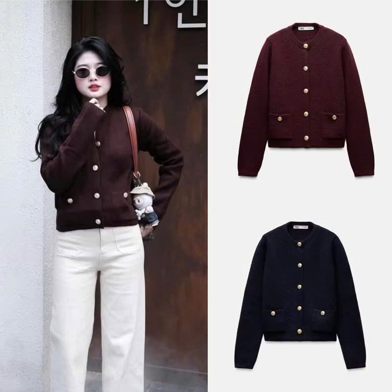 [Sẵn Hàng] (Hàng sẵn) Áo len ZA SHOP khuy đồng 2 màu đen/đỏ đô siêu Hàng Chuẩn Xịn