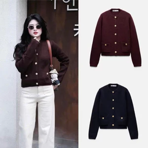 Áo len ZA SHOP khuy đồng 2 màu đen/đỏ đô siêu Hàng Chuẩn Xịn