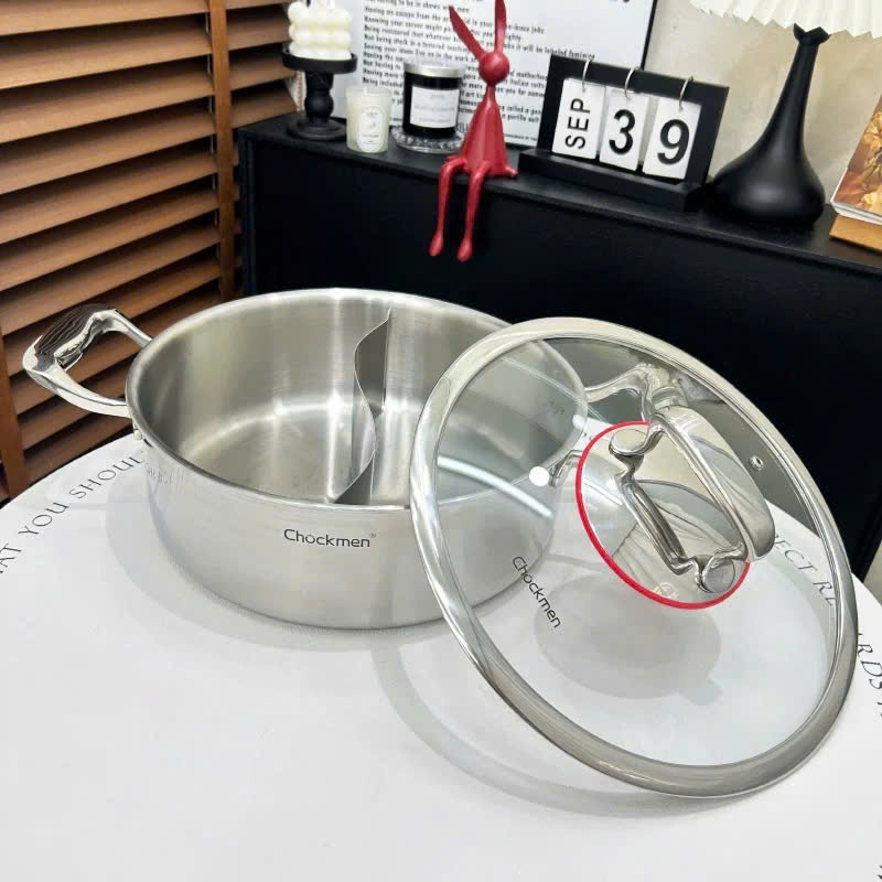 Nồi Lẩu Chia Ngăn Chockmen Có Nắp Đậy Inox Cao Cấp, Nồi Lẩu 28cm 30cm Kèm Nắp CKM307 CKM308