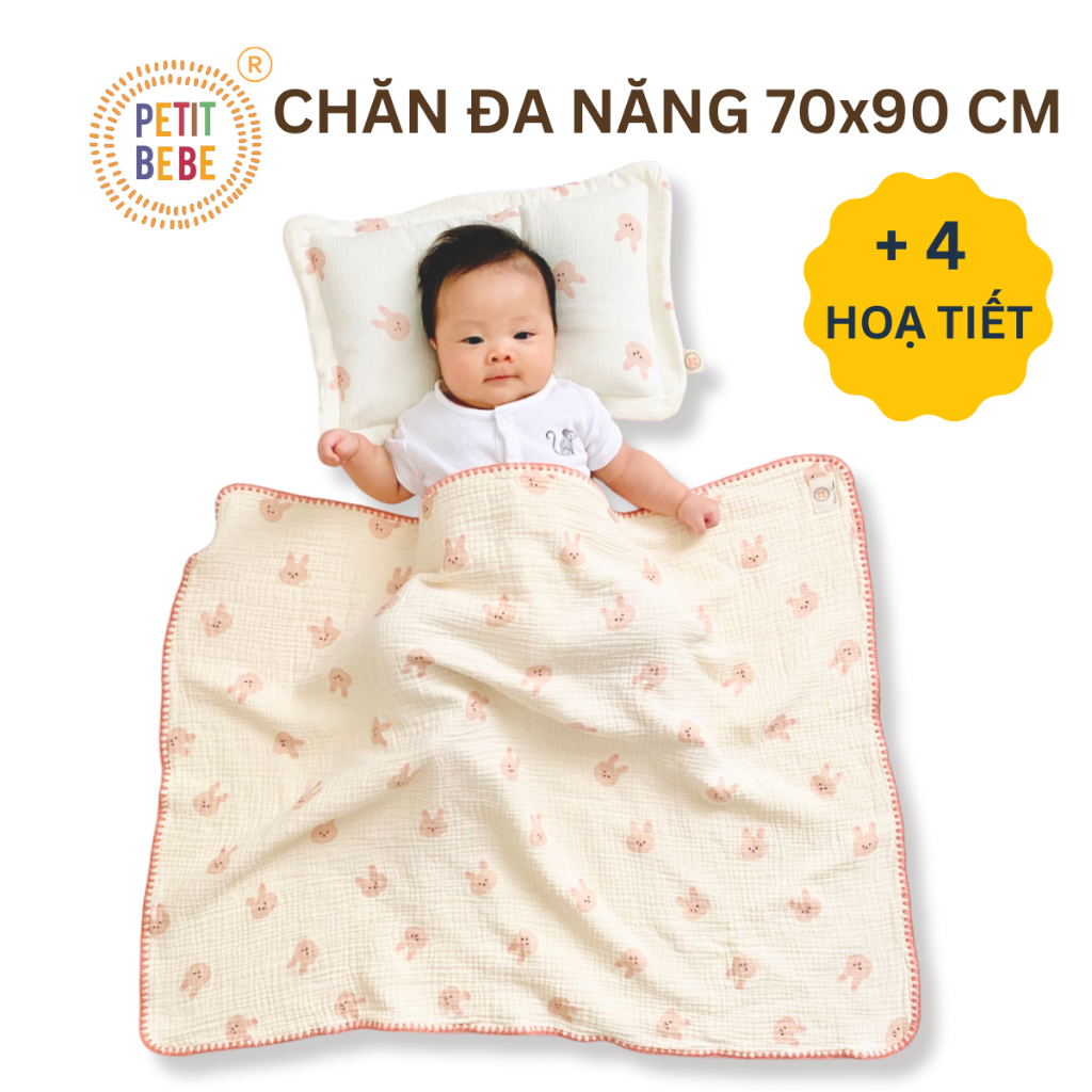 Ảnh Chăn đa năng 70x90cm viền thủ công cho bé PETIT BEBE muslin 4 lớp thấm hút thoáng khí 1