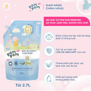 Combo 6 Túi Nước Giặt Xả Pom Pom Newborn 2.7L - An Toàn Cho Bé Mới Lọt Lòng, Kháng Khuẩn, Hương Phấn Rôm Dịu Nhẹ NB27