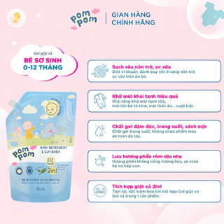 Combo 6 Túi Nước Giặt Xả Pom Pom Newborn 2.7L - An Toàn Cho Bé Mới Lọt Lòng, Kháng Khuẩn, Hương Phấn Rôm Dịu Nhẹ NB27