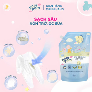 Combo 6 Túi Nước Giặt Xả Pom Pom Newborn 2.7L - An Toàn Cho Bé Mới Lọt Lòng, Kháng Khuẩn, Hương Phấn Rôm Dịu Nhẹ NB27