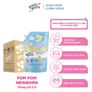 Combo 6 Túi Nước Giặt Xả Pom Pom Newborn 2.7L - An Toàn Cho Bé Mới Lọt Lòng, Kháng Khuẩn, Hương Phấn Rôm Dịu Nhẹ NB27