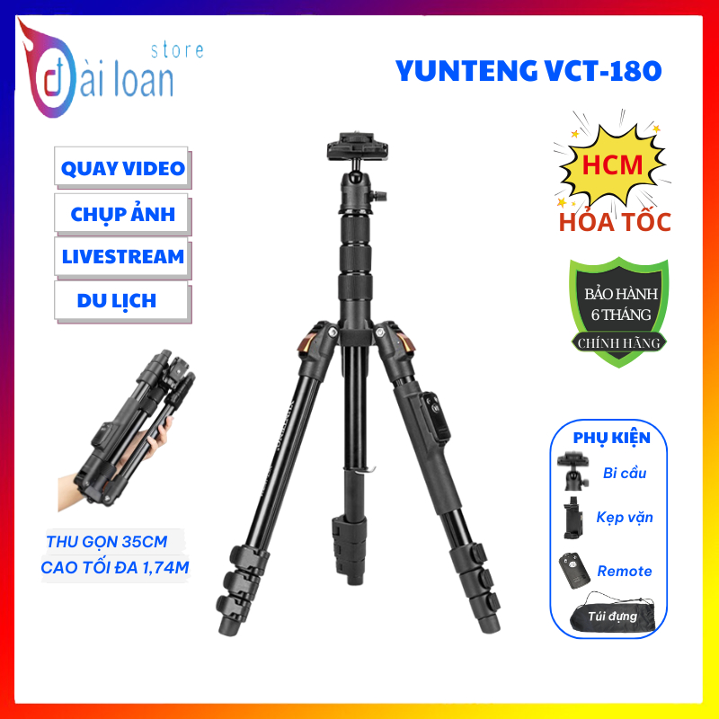 Tripod Yunteng VCT-180 Chuyên Nghiệp - Chân Đế 1m74 Kèm Remote, Kẹp Điện Thoại Ngàm Chắc Chắn