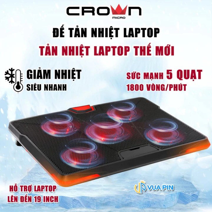 Tản Nhiệt Laptop Gaming Crown CM130 Đế tản nhiệt 5 Quạt Giá Đỡ Laptop 19 Inch Làm Mát Nhanh Chống Ồn
