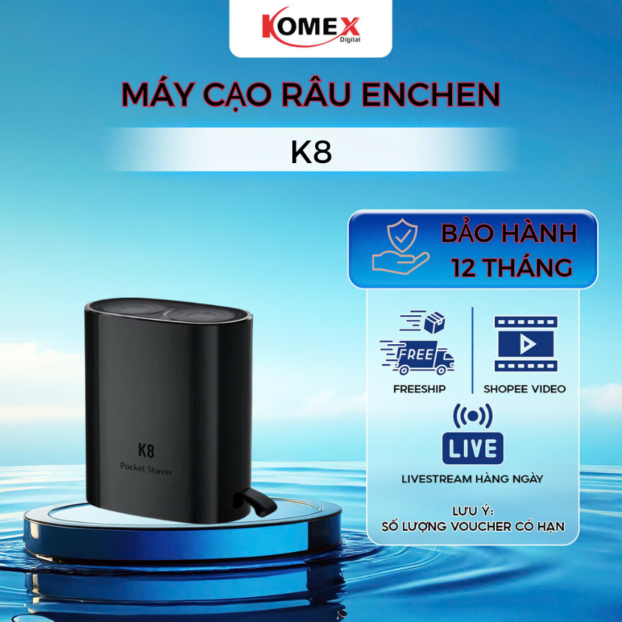 Máy cạo râu Enchen K8 đầu cạo 2D ẩn, chống nước,18 lưỡi dao tự mài, pin ...