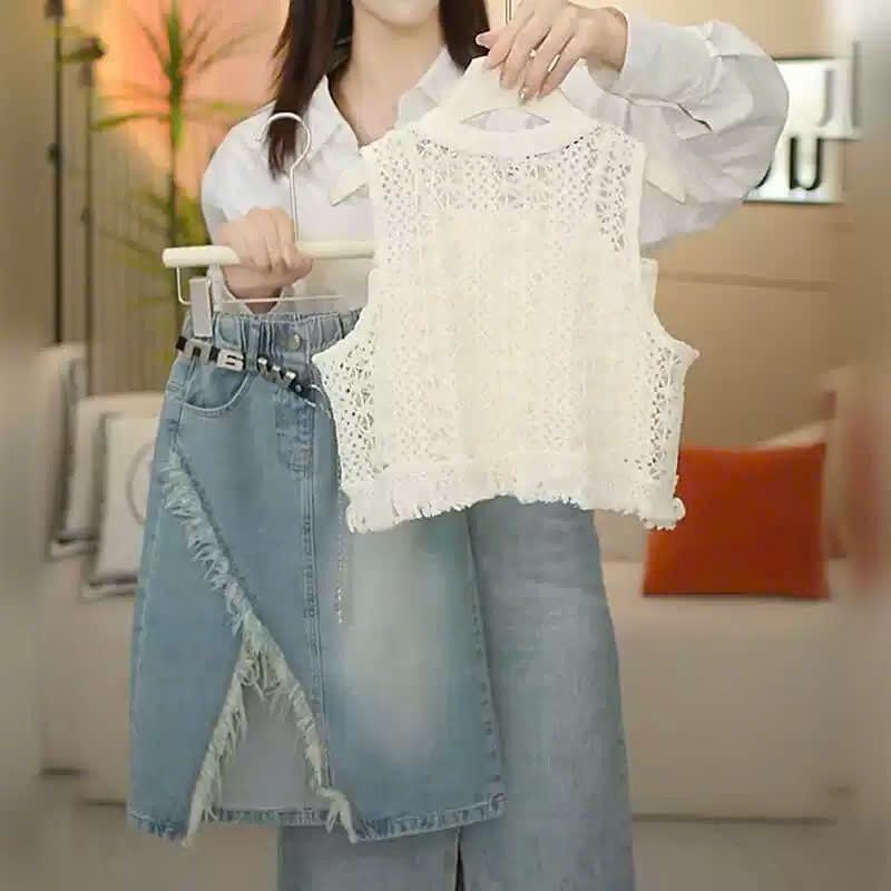 Bộ áo ren và chân váy jean xẻ đùi thời trang mẹ và bé gái 12-55kg , Sét bộ áo ren chân váy thích hợp đi chơi , đi dựtiệc