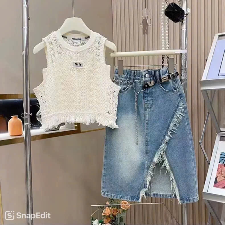 Bộ áo ren và chân váy jean xẻ đùi thời trang mẹ và bé gái 12-55kg , Sét bộ áo ren chân váy thích hợp đi chơi , đi dựtiệc