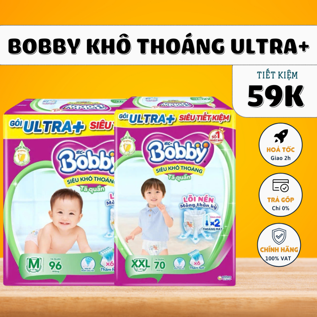 Tã/Bỉm quần Bobby Ultra+/Bobby Premium đủ size M96/L88/XL76/XXL70 siêu ...