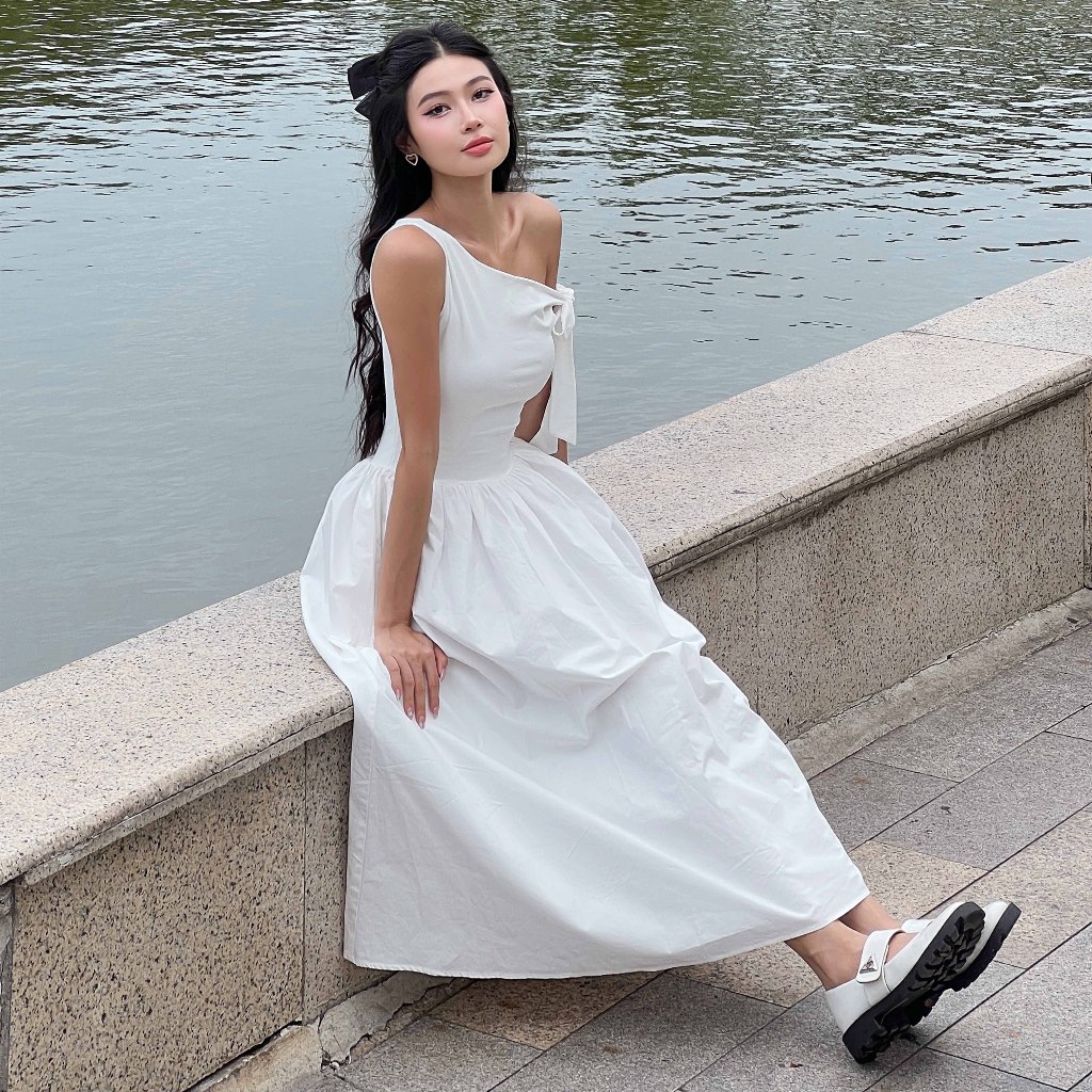 Ảnh DOTTIE - Đầm midi lệch vai phối vải poplin - Trắng - D0679 4
