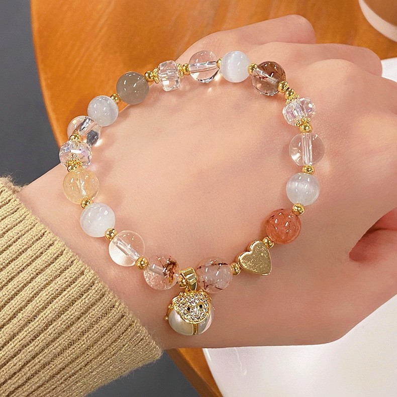 Vòng tay đá pha lê tự nhiên hình Bướm mix cỏ 4 lá siêu xinh phù hợp tặng quà dịp sinh nhật
